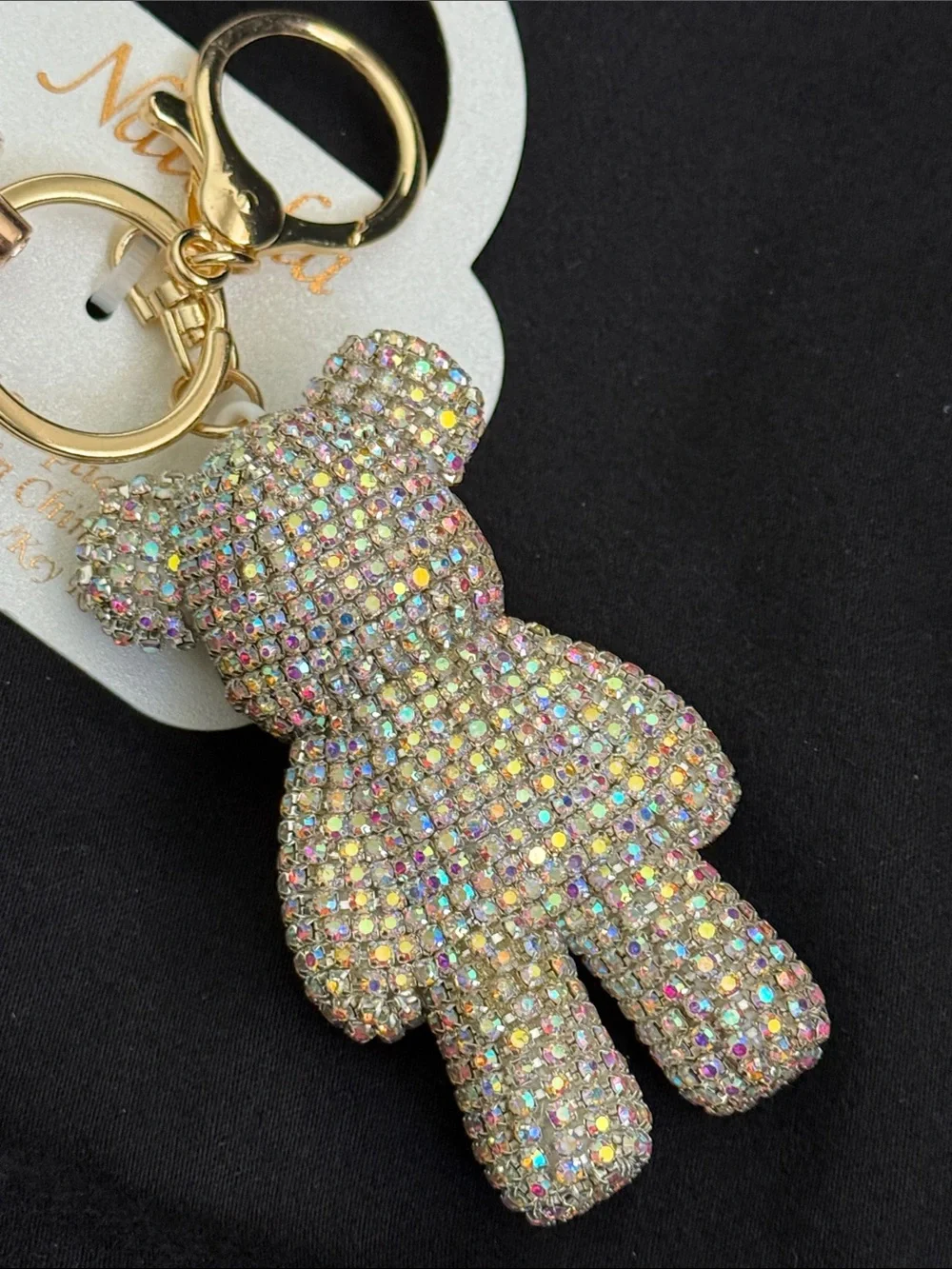 Natasha Crystal Teddy Bear Keychain- Iridescent Rhinestones & Gold-Tone Metal